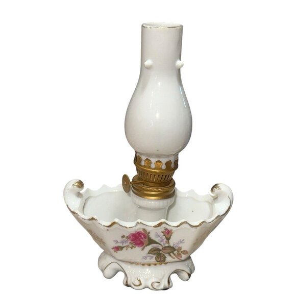 Mini Oil Lamp Light Lite Lantern Victorian Pink Roses Aladdin Porcelain Vtg - Picture 2 of 9